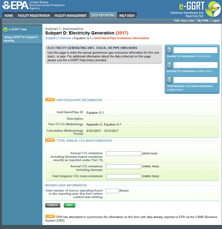 Subpart D Equation G-1Unit/Stack/Pipe Emissions Information page